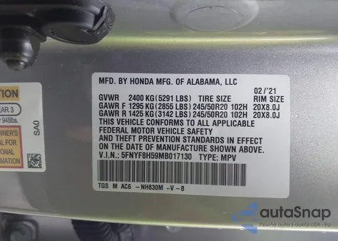 2021 Honda Passport Awd Ex-L из США, поврежденный, VIN 5FNYF8H59MB017130